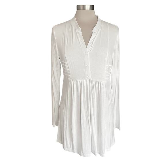SeSe Code White Knit Tunic Top Pleated & Gathered LARGE Cottagecore Minimalist - Picture 1 of 7